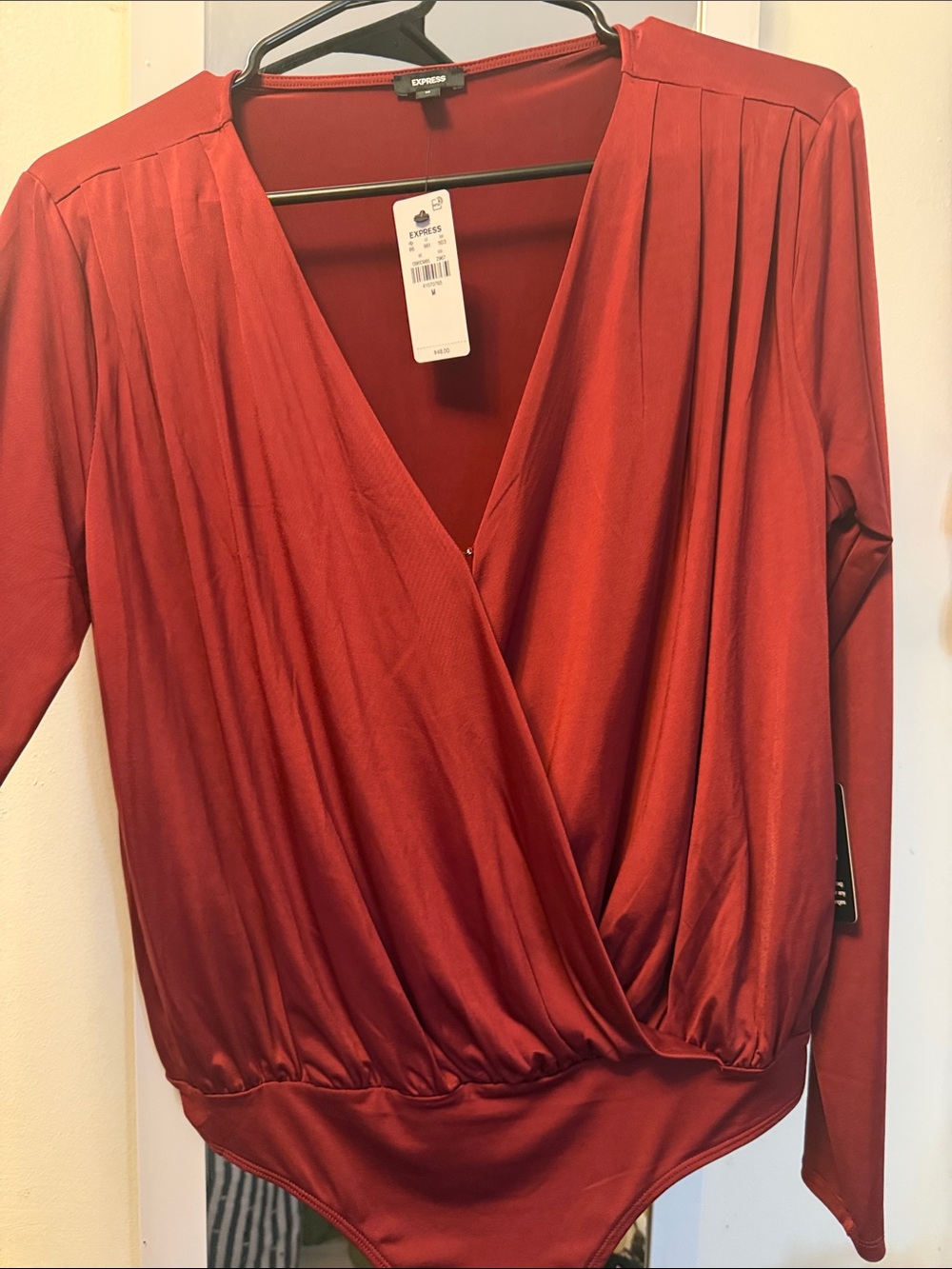 Express Rust Red Wrap-Front Long Sleeve Bodysuit